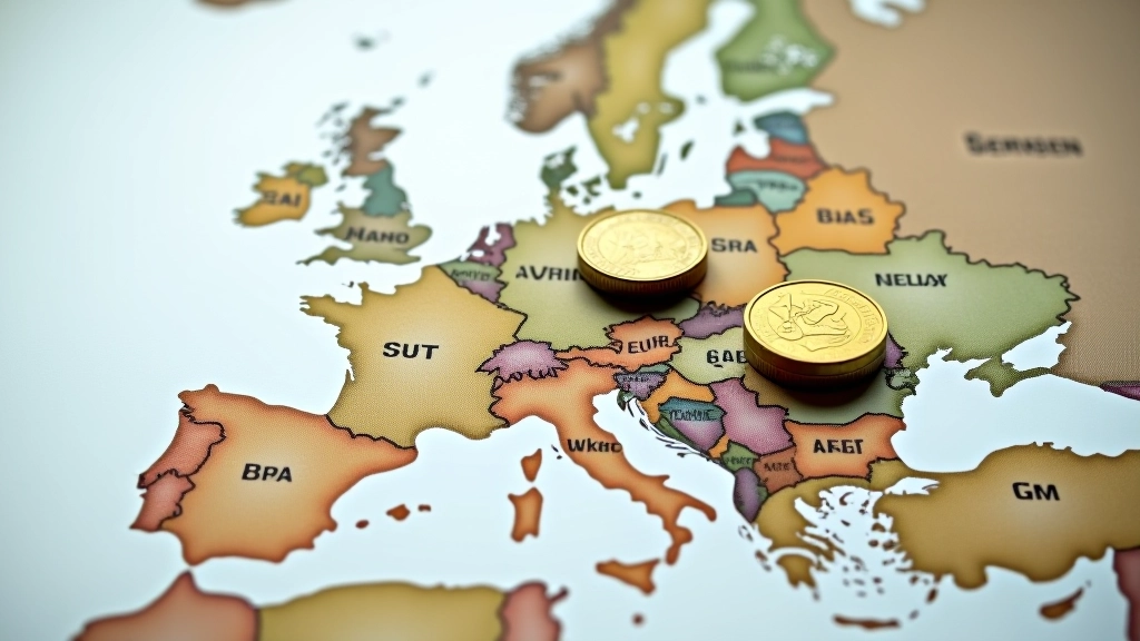 Euroscheine und Münzen mit Eurozone-Landkarte