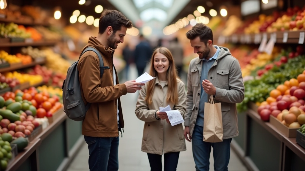 Familie beim Wochenmarkt-Einkauf mit Taschen und Preisschildern