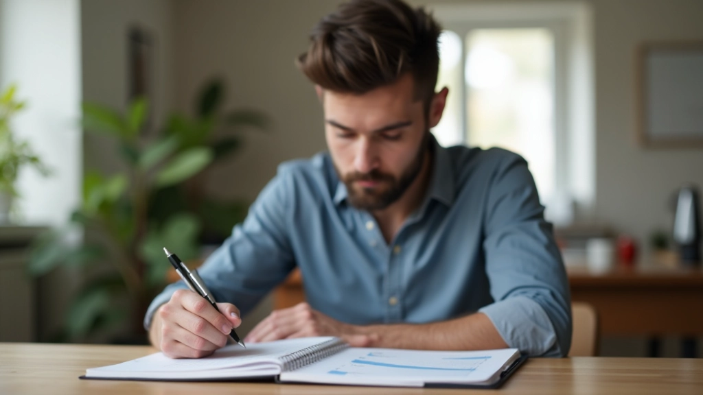 Person erstellt einen Finanzplan mit Notizen, Grafiken und monatlichen Budgets auf einem Schreibtisch