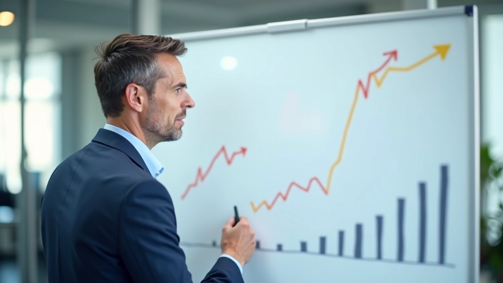 Grafik auf Whiteboard zeigt steigende Finanztrends und Vermögensaufbau über Zeit mit positiven Indikatoren
